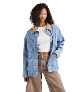 Plus Size Oversized Fit <b>Customised</b> Logo Contrast Collar Barn <b>Jacket</b> Fashion Women's <b>Denim</b> <b>Jacket</b> for Ladies - Product Image 1