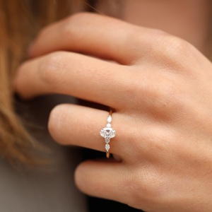8x6mm Oval Cut Moissanite Engagement Ring with Vertical Accent <b>Stones</b> | Unique Dainty Bridal Jewelry - Product Image 6