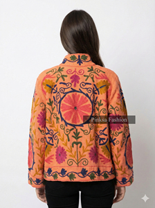Wholesale Blue Floral Embroidered Cotton Knitted <b>Velvet</b> Eco-Friendly <b>Jacket</b> for <b>Women</b> Handmade Suzani Ethnic Winter Coat - Product Image 6