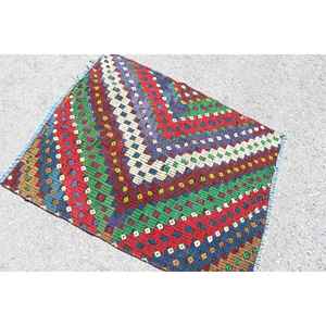 Alfombra Turca Vintage Pequeña de 3.2x3.9 pies, Alfombra de Lana Roja Kilim - Product Image 4