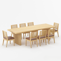 Muebles de Madera de Java, Juego de Comedor Moderno de 9 Piezas de Madera de Teca Sólida, 8 Sillas de Cuero con Respaldo de Mimbre, Base Acanalada, Hecho a Mano