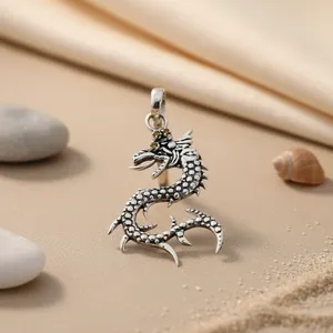 "Men's Unique 925 Silver <b>Dragon</b> Charm Pendant Rhodium-Plated Necklace" - Product Image 1