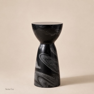 Natural <b>Black</b> Marble Hourglass <b>Side</b> <b>Table</b> Polished <b>Round</b> Accent Stool for Hotel Living Room Decor - Product Image 1