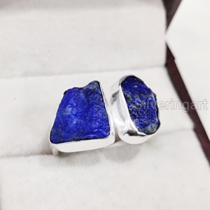 Bague pour femme en pierre brute, Lapis Lazuli naturel, double pierre, ajustable, en argent sterling 925, pour Noël - Product Image 3