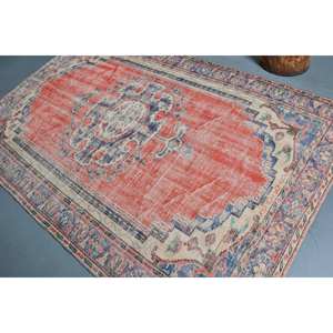 Alfombra turca vintage diseño de retazos rojo azul área grande 9x12 látex de lana para entrada pasillo rectángulo 5,6x8,4 pies Estilo Vintage - Product Image 4