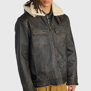 Veste en cuir avec col montant en laine, veste décontractée d'hiver pour homme, manteau imperméable en fourrure de mouton, style aviateur d'hiver pour homme - Product Image 6