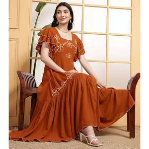 Deebaco Women's A-Line Brown Viscose Maxi <b>Dress</b> Ruffle Sleeves Scoop Neck Loose Fit Summer Dropped Waist Pockets - Product Image 1