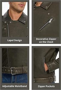 Vestes en similicuir pour hommes: manteau de motard bombardier coupe ajustée avec revers, fermeture éclair asymétrique et ceinture pour un look robuste - Product Image 5