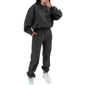 Conjunto de chándal de dos piezas para mujer, conjunto de chándal informal de algodón de cuerpo entero con sudadera de peso pesado y pantalones de chándal para mujer - Product Image 1