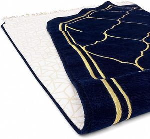 Tapis de prière islamique de luxe en coton, motif marbré bleu foncé, poils moyens, antidérapant, lavable, vente en gros - Product Image 3