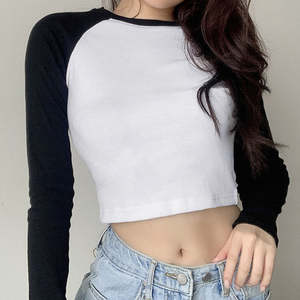 T-shirt court en coton pour femmes, manches longues, streetwear pour femmes, crop top lavé pour l'été, vente en gros OEM personnalisée - Product Image 3