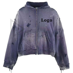 Manches longues personnalisé lavage à l'acide en détresse coton polaire fermeture éclair sweat à capuche blanc hiver surdimensionné Fit vestes pour hommes pull à capuche - Product Image 4