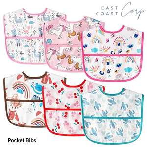 Baberos de alimentación impermeables para niños pequeños con bolsillo para recoger migas, juego de babero de plástico para dentición sin mangas ajustable - Product Image 1