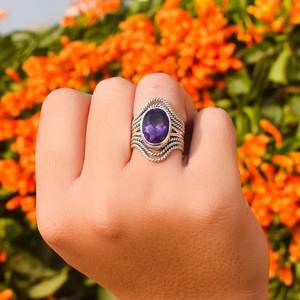 Romantic Design <b>Amethyst</b> Oval Cut 925 Sterling Silver bezel setting Band <b>Ring</b> Engagement Party Wedding Anniversaries Women Girls - Product Image 1