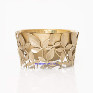 Golden Plated <b>With</b> Flower Leaf Shape Design <b>Lid</b> Decorative <b>Bowl</b> Stainless Steel Brass Metal Home Hotel <b>Bowl</b> - Product Image 2