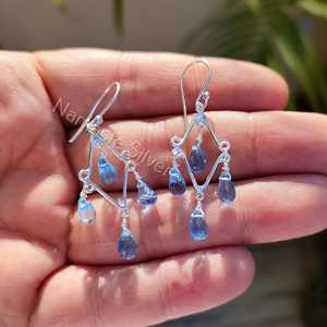 Boucles d'oreilles pendantes faites à la main en argent sterling 925 avec perles en topaze bleue naturelle en forme de larme, bijoux de mariage, cadeau pour elle, topaze bleue - Product Image 5