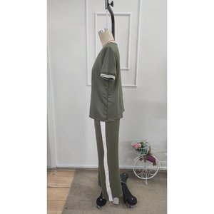 Conjunto de Dos Piezas para Mujer, Blusa de Manga Corta con Cuello en V de Viscosa de Dos Hilos y Pantalones, 35466 - Caqui - Product Image 5