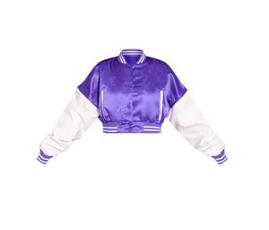 Veste universitaire décontractée courte en satin matelassé pour femme, coupe classique, couleur unie, broderie de lettres - Product Image 2