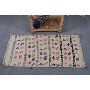 พรมตุรกีลายเรขาคณิตขนแกะสีเบจแบบวินเทจขนาด1.9x3.7ฟุตสี่เหลี่ยมปะต่อแผ่นยางรอง10มม. 4ม. สำหรับห้องวัยรุ่น - Product Image 1