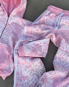 Conjunto de chándal holgado con estampado general personalizado de ajuste cómodo para hombre, lavado ácido, Sol desteñido, logotipo de letras, conjunto de pantalones de chándal con capucha y cremallera - Product Image 3