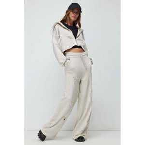 Ekru Distressed <b>Wide</b> <b>Leg</b> <b>Jogger</b> Sweatpants - Product Image 1