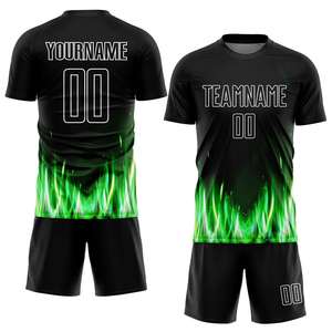 Maillot de football personnalisé noir et vert néon flamme - Respirant, antibactérien, léger, séchage rapide, col rond, manches courtes - Product Image 1