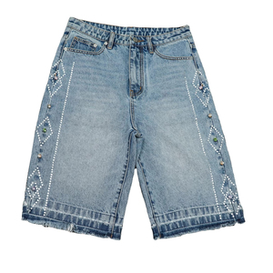 Pantalones cortos vaqueros desgastados cortos con diamantes de imitación y logotipo bordado personalizado al por mayor para hombre - Product Image 1