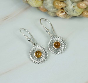 Boucle d'oreille à crochet de style tournesol en ambre baltique naturel en argent sterling massif 925 - Product Image 2