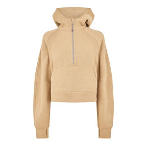 Sweat-shirt à capuche pour femme, coupe courte, demi-zip, en molleton épais polyester/coton, avec trous pour les pouces, surdimensionné, uni, avec badge - Product Image 2