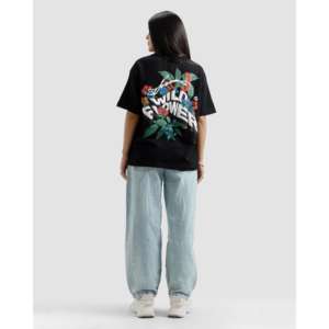 T-shirt imprimé fleurs sauvages 100% coton jersey respirant et confortable, imprimé délavé, logo uni, style court ajusté - Product Image 4