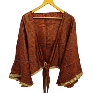 เสื้อเชิ๊ตตัวสั้นผ้าไหมสั้น, เสื้อวินเทจผ้าส่าหรีพิมพ์ลายดอกไม้เสื้อตัวบน - Product Image 1