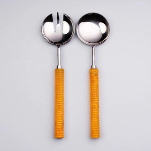 Black with <b>White</b> <b>Circle</b> Design Resin Handle Stainless Steel <b>Mirror</b> Polished silver Salad Serving Set for Wedding - Product Image 2