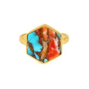 New Arrival Solid 925 Sterling Silver 14k Gold Plated Kingman Mohave Spiny Oyster Copper Turquoise Gemstone Ring Bezel Setting - Product Image 2