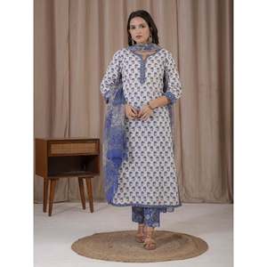 Ensemble Kurta Anarkali et pantalon blanc et bleu imprimé à la main, style ethnique indien en tissu filet, pour filles, idéal pour les fêtes - Product Image 5
