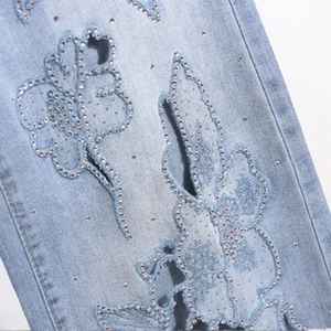 กางเกงยีนส์เอวสูงทรงขากว้างสำหรับผู้หญิง ปักลายดอกไม้ ผ้าเดนิมระบายอากาศ ย้อมเส้นด้าย - Product Image 4