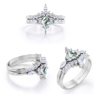 Plata de Ley 925 rodio 1,75 quilates musgo ágata moissanita grabado coronado cuadrilátero anillo nupcial conjunto para bodas fiestas - Product Image 6