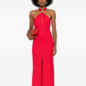 Robe de soirée Maxi trapèze sans manches à col licou rouge avec fente frontale centrale et dos nu design en mousseline de soie antistatique soirée de bal/fête - Product Image 1
