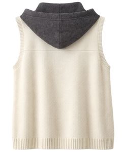 Manufacturer Ivory <b>Hooded</b> Knitted Sweater Vest Wool Acrylic Button Front Sleeveless Winter <b>Cardigan</b> With Contrast Pockets OEM - Product Image 2