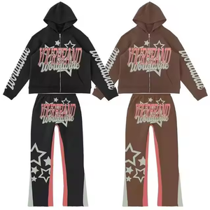 Conjunto Deportivo Unisex de Estilo Urbano, Sudadera con Capucha y Cremallera, Hombros Caídos, Pantalones con Dobladillo Dividido, Diseño con Estampado de Letras, Otoño - Product Image 1