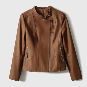 Recién llegado, chaqueta de cuero 100% con cuello levantado para mujer, abrigo de Moto, Top corto de cuero de motorista Camel genuino, chaquetas para mujer - Product Image 1