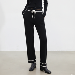 กางเกงเอี๊ยมผู้หญิงผ้าริบเนื้อนุ่ม แต่งขอบตัดกัน ทรงเอวสูง ผ้ายืดหยุ่น สไตล์ลำลอง - Product Image 1