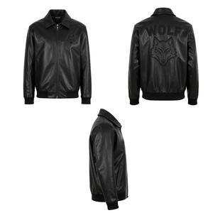 Chaqueta Bomber de Lona y Cuero Genuino Negra Personalizada para Hombre, con Parche Bordado de Lobo, Estilo Urbano Ecológico, Casual, Resistente al Viento, para Invierno - Product Image 5