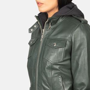 Vente en gros blouson aviateur en cuir à capuche vert service OEM disponible décontracté teint en couleur unie fabrication professionnelle de haute qualité - Product Image 3