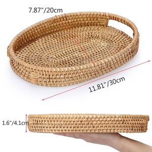 Handwoven Rattan <b>Wicker</b> Serving Tray <b>with</b> <b>Handles</b> Rustic <b>Basket</b> Tray for Food Fruit Bread Coffee Table Home Decor - Product Image 5