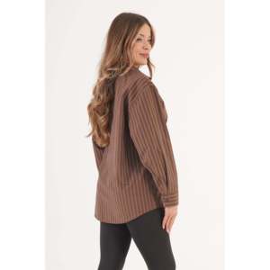 Camisa a Rayas Marrón con Doble Cinturón para Mujer LUSTRIN - Blusa Elegante Casual de Manga Larga para Uso Diario - Product Image 5