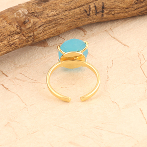 Bague réglable en calcédoine bleu ciel ovale en laiton plaqué or bijoux minimalistes damier coupe ovale pierre précieuse broche ensemble bague ouverte - Product Image 5