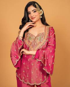 Laisser mijoter soie Sharara costume ensemble prêt à l'emploi pakistanais indien fête Salwar Kameez Dupatta cousu vêtements de mariage traditionnels - Product Image 3