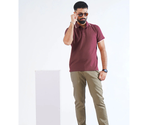 Men's Solid Color Short Sleeve Polo <b>Shirt</b> Cotton Knitted Casual Wear Maroon with White Trim Collar and Cuffs - Product Image 2