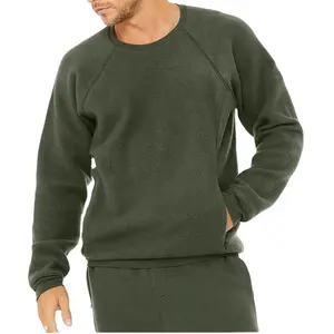 2024 New Wholesale Custom Size And Logo Polyester Fleece Front Pocket Plain Pullover Crewneck Green Color Sweatshirt For Men