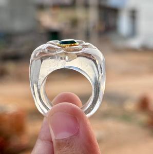 Natural <b>Crystal</b> Quartz Gemstone <b>Ring</b> With Emerald <b>Crystal</b> Gemstone In Centre Flower Designed Gemstone <b>Ring</b> Special Gift For Her - Product Image 2